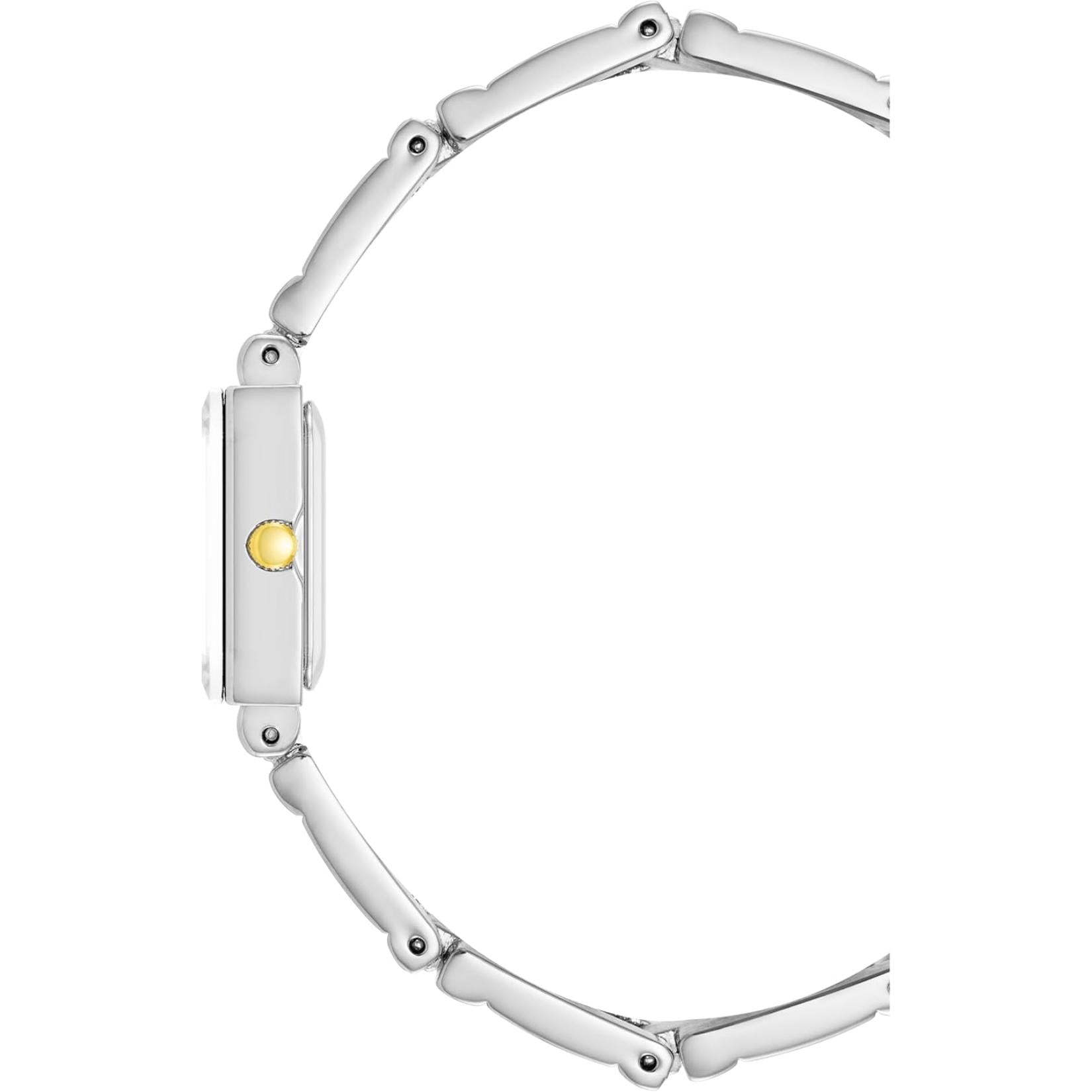 Vista lateral del reloj Anne Klein 10/4899SVTT, caja rectangular plateada con corona dorada y brazalete metálico fino