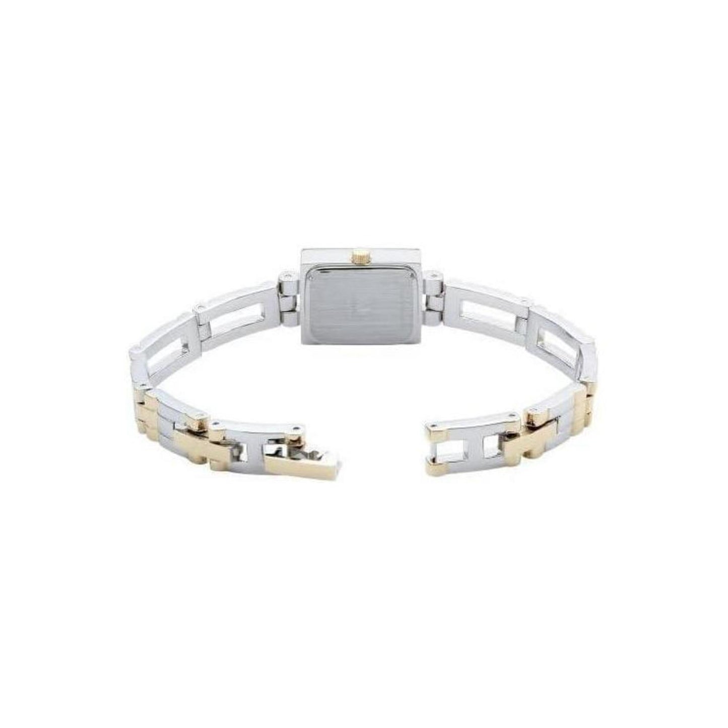 Vista trasera de la caja rectangular y brazalete metálico abierto del reloj Anne Klein 10/4899SVTT en tono plateado con detalles dorados