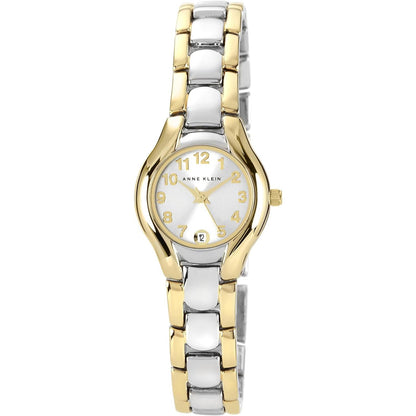 Reloj Anne Klein 10/6777SVTT vista frontal, esfera blanca con números dorados y brazalete bicolor oro y plata