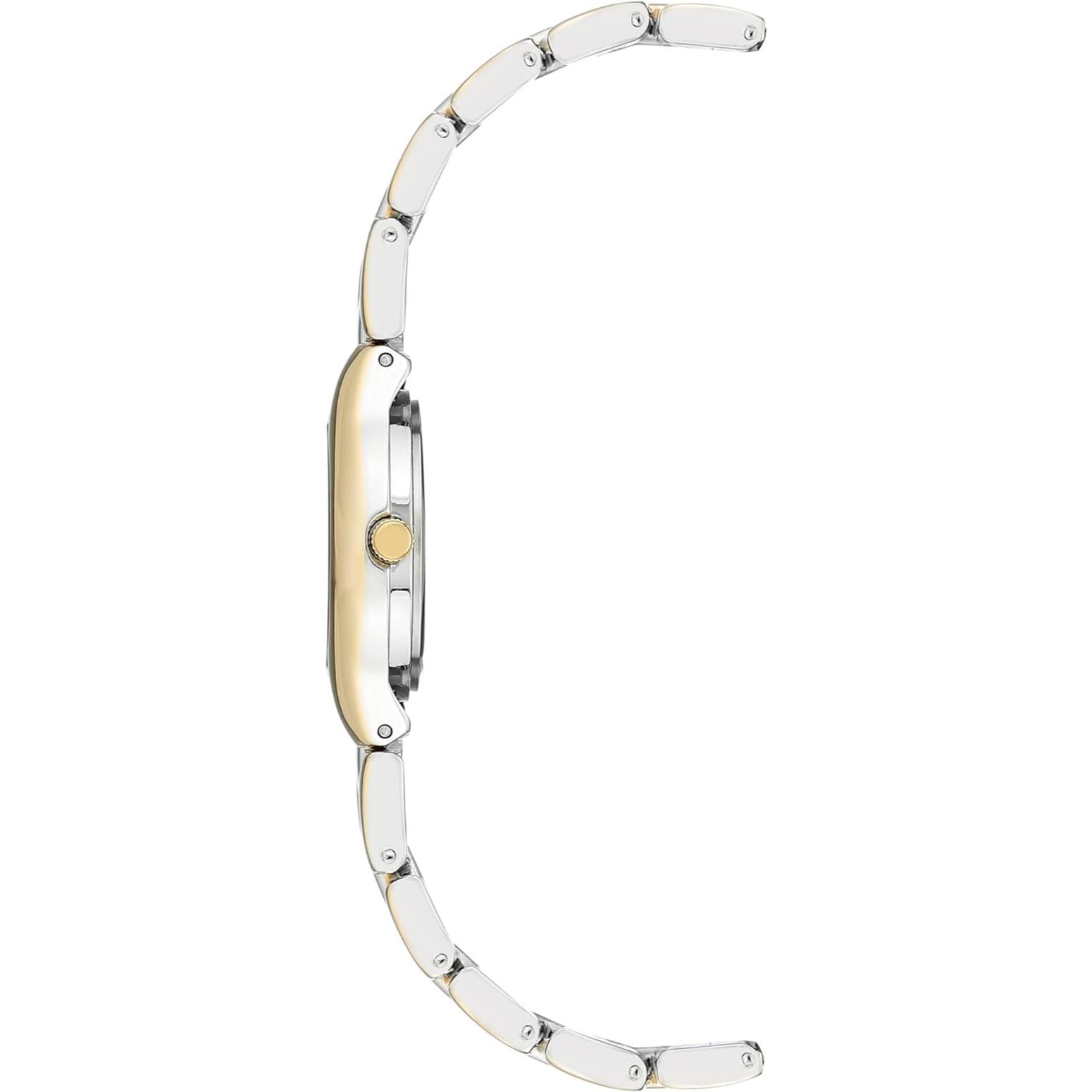 Vista lateral del reloj Anne Klein 10/6777SVTT, perfil de caja dorada y brazalete fino bicolor plata y oro abierto