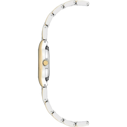 Vista lateral del reloj Anne Klein 10/6777SVTT, perfil de caja dorada y brazalete fino bicolor plata y oro abierto