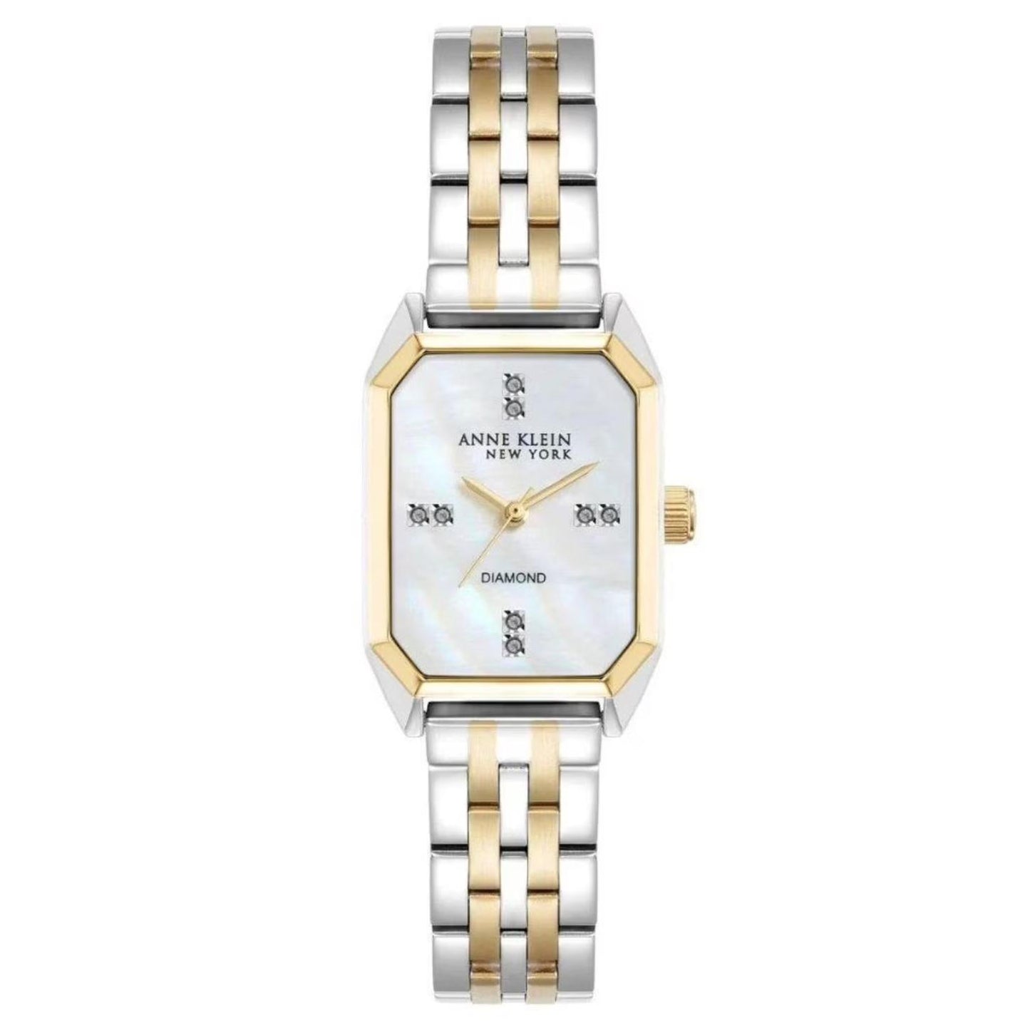 Anne Klein 12/7751MPTT with white mother-of-pearl dial, diamond accent markers, gold-tone bezel details, and two-tone stainless steel bracelet.