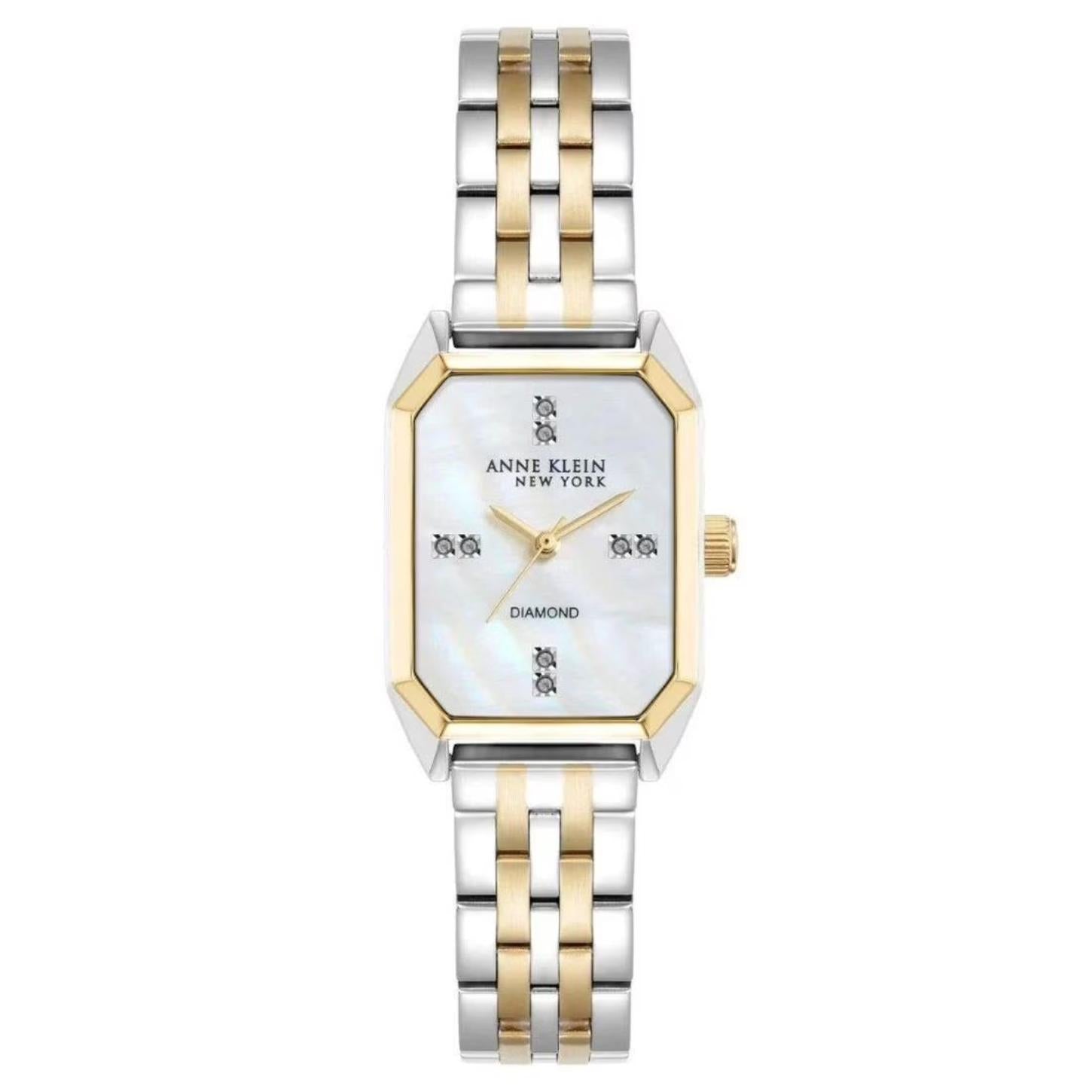 Anne Klein 12/7751MPTT with white mother-of-pearl dial, diamond accent markers, gold-tone bezel details, and two-tone stainless steel bracelet.