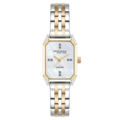 Anne Klein 12/7751MPTT with white mother-of-pearl dial, diamond accent markers, gold-tone bezel details, and two-tone stainless steel bracelet.