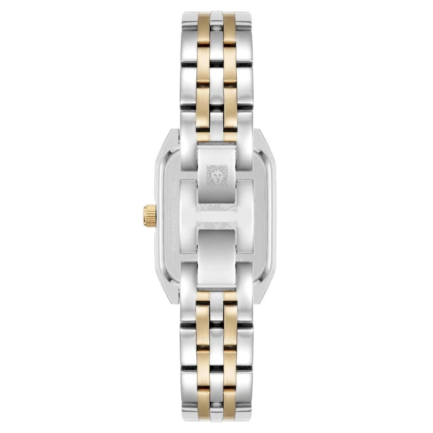 Anne Klein 12/7751MPTT with stainless steel rear case, gold-tone crown, and two-tone bracelet with jewelry-style clasp.