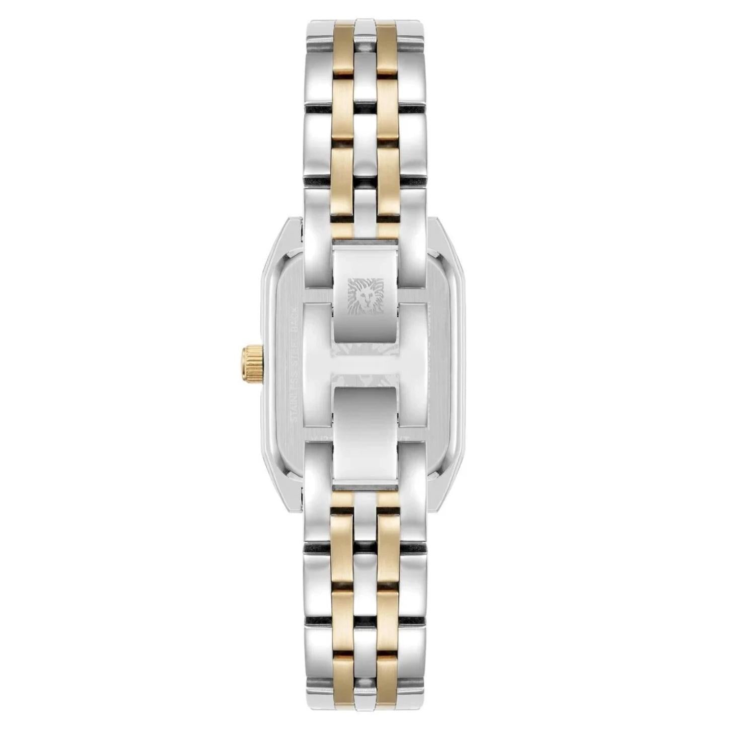Anne Klein 12/7751MPTT with stainless steel rear case, gold-tone crown, and two-tone bracelet with jewelry-style clasp.