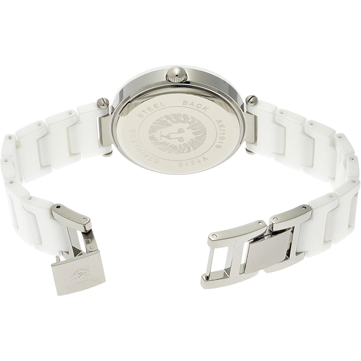 parte trasera del reloj Anne Klein AK/1019WTWT con tapa de acero y brazalete blanco vista posterior