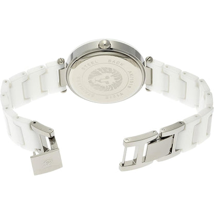 parte trasera del reloj Anne Klein AK/1019WTWT con tapa de acero y brazalete blanco vista posterior