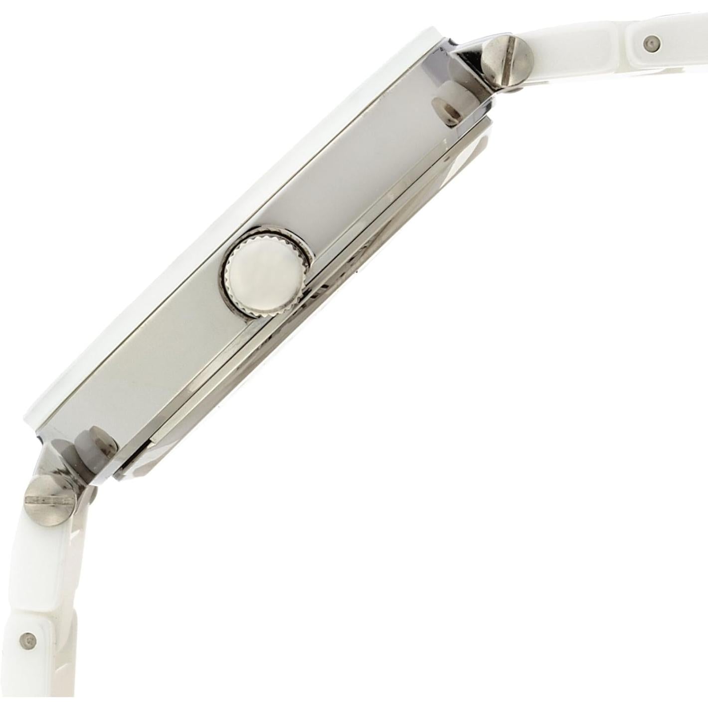 vista lateral del reloj Anne Klein AK/1019WTWT con caja blanca y corona central visible