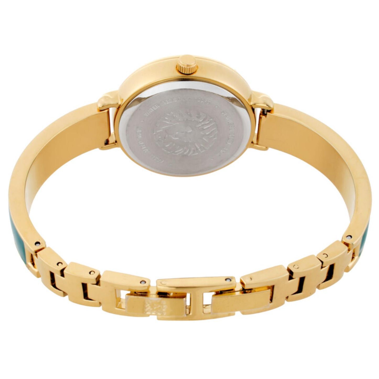Anne Klein AK/3620GNST with rear caseback view, gold-tone bracelet, green enamel accents, and jewelry clasp.