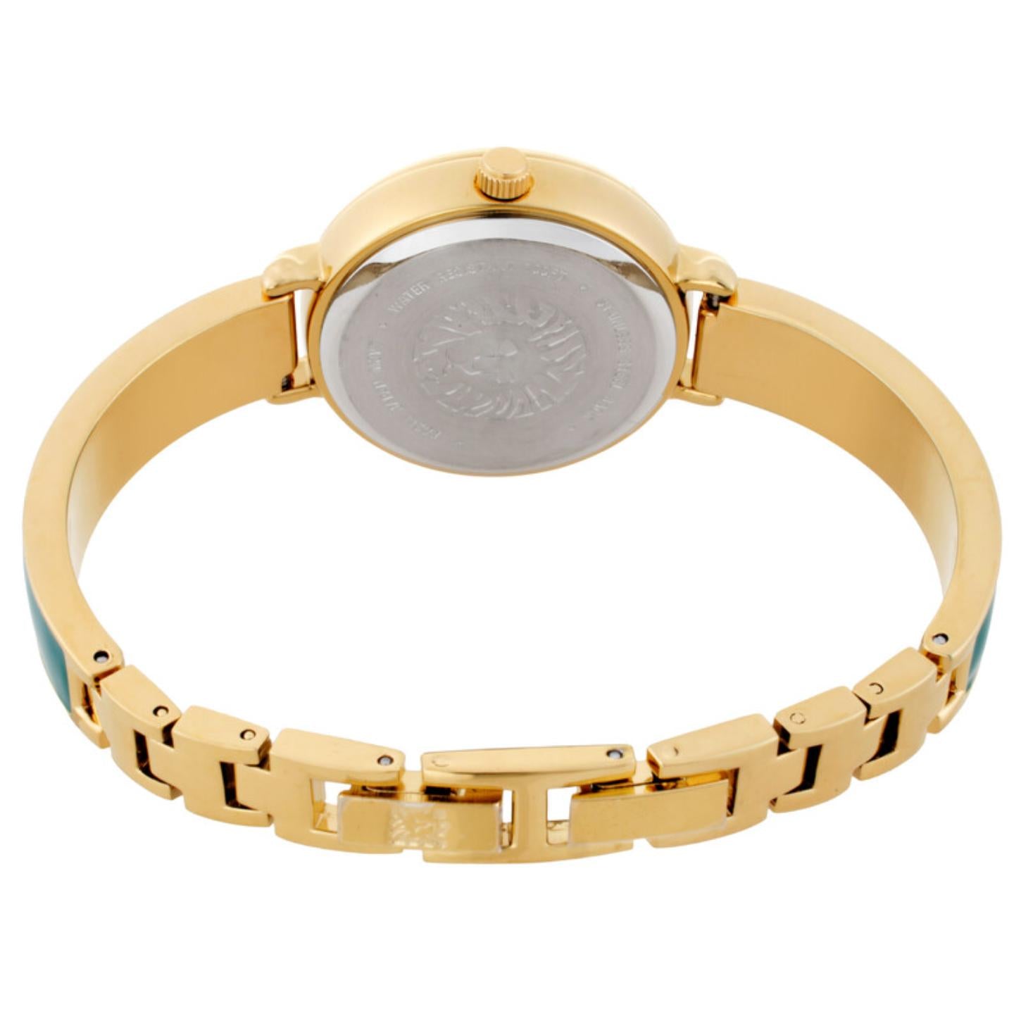 Anne Klein AK/3620GNST with rear caseback view, gold-tone bracelet, green enamel accents, and jewelry clasp.
