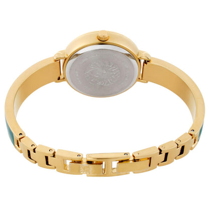 Anne Klein AK/3620GNST with rear caseback view, gold-tone bracelet, green enamel accents, and jewelry clasp.