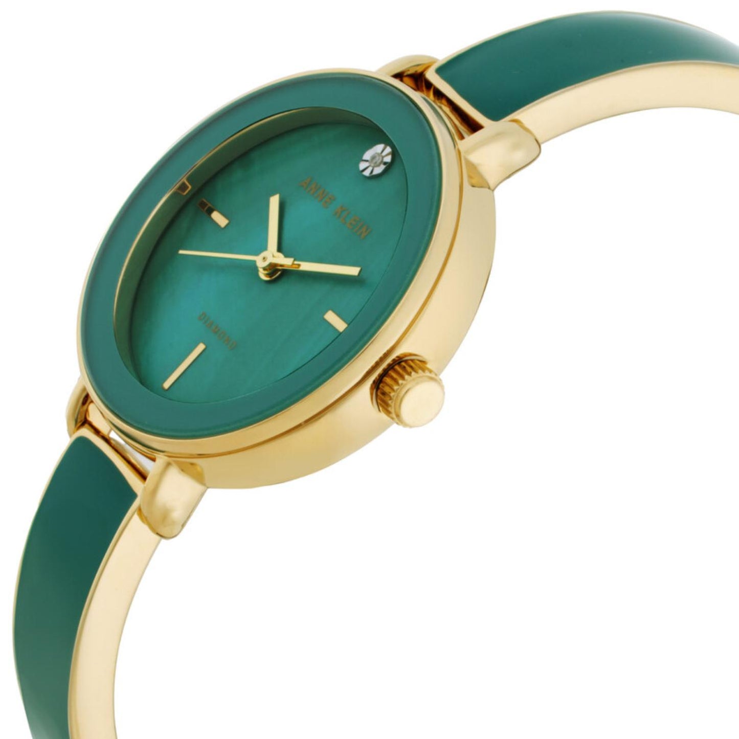 Anne Klein AK/3620GNST with angled green mother-of-pearl dial, gold-tone case, side crown, crystal marker, and green enamel bracelet.