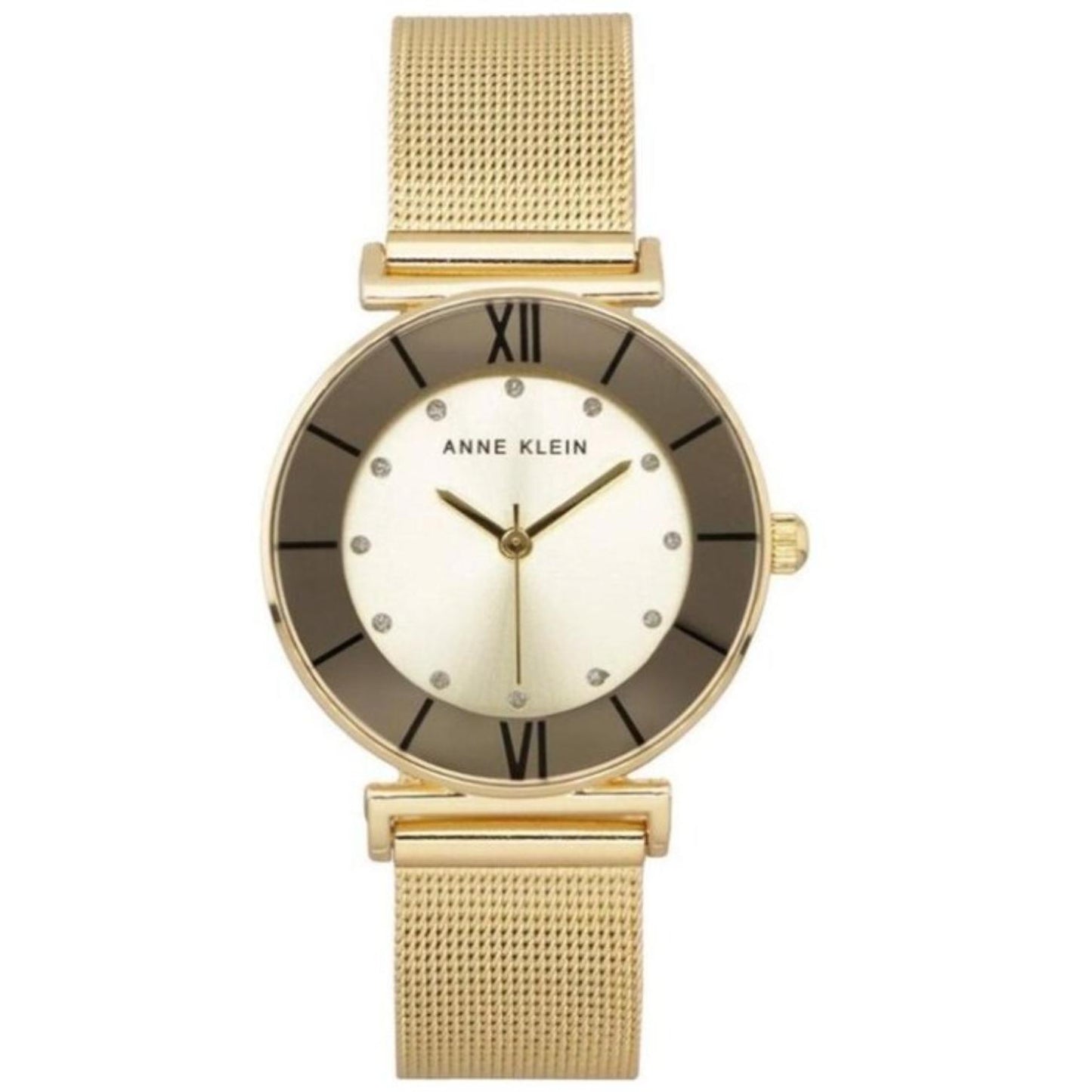 Anne Klein AK-3780CHGBST with round dial, gold-tone case, Roman numeral markers, crystal accents, side crown, and gold-tone mesh bracelet.