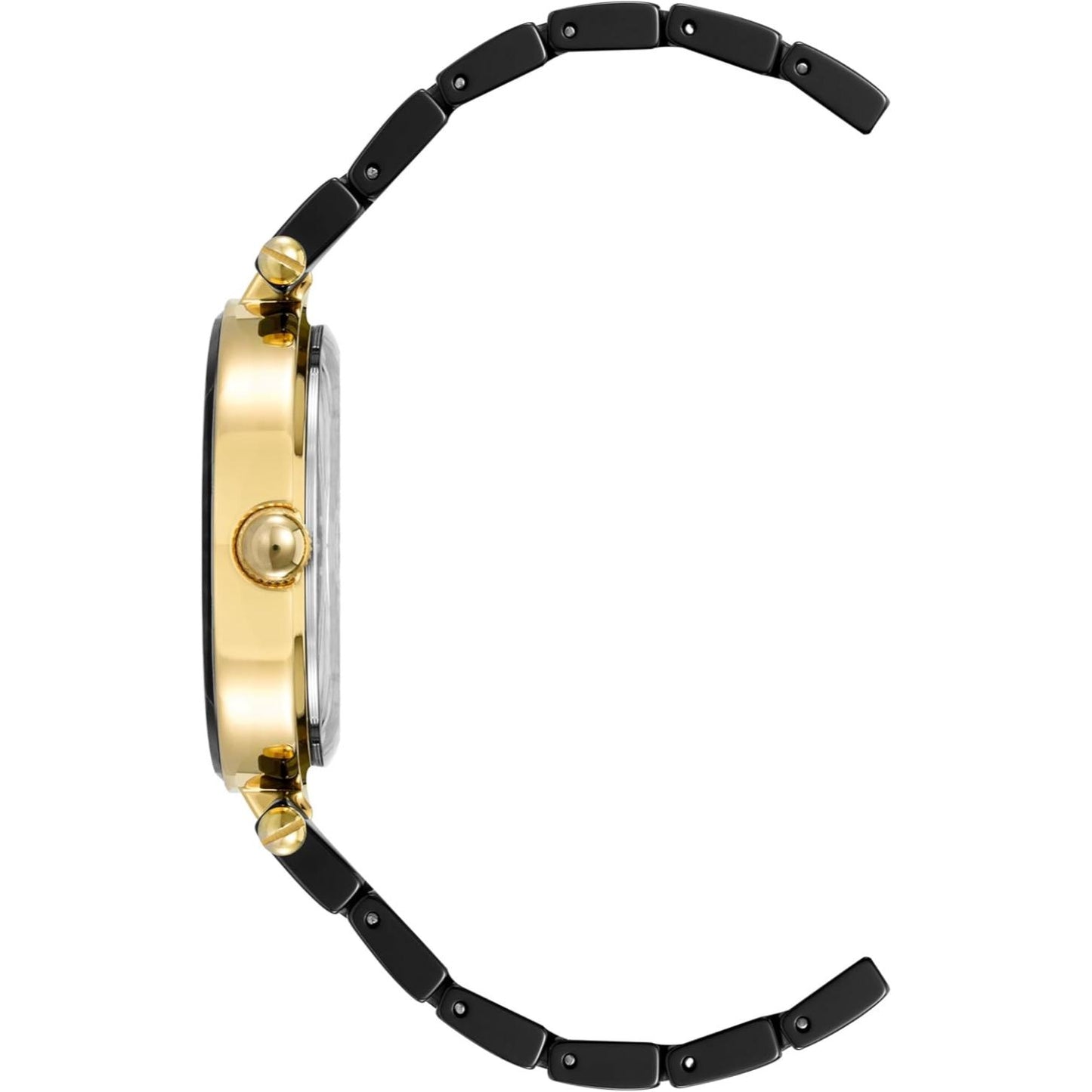 Vista lateral del reloj Anne Klein AK/1018BKBK, perfil de caja dorada y brazalete negro articulado abierto