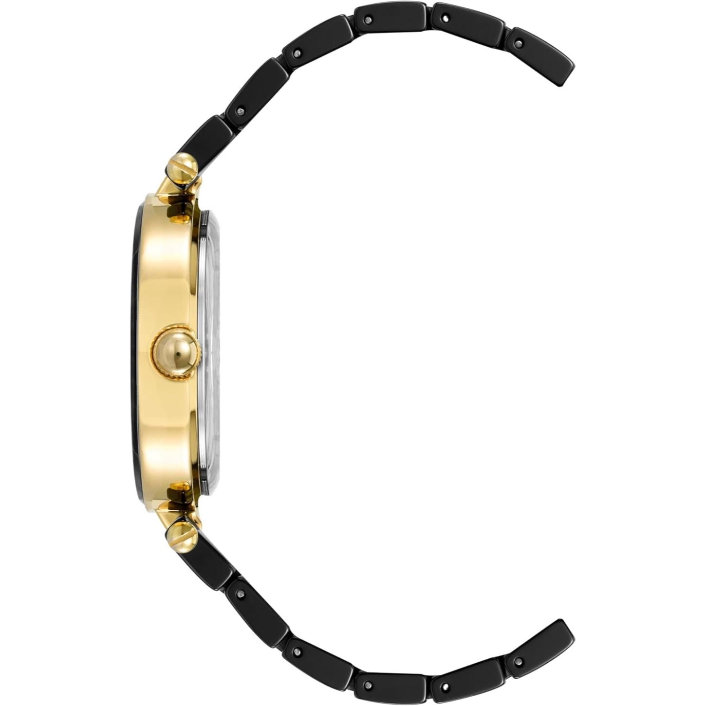 Vista lateral del reloj Anne Klein AK/1018BKBK, perfil de caja dorada y brazalete negro articulado abierto