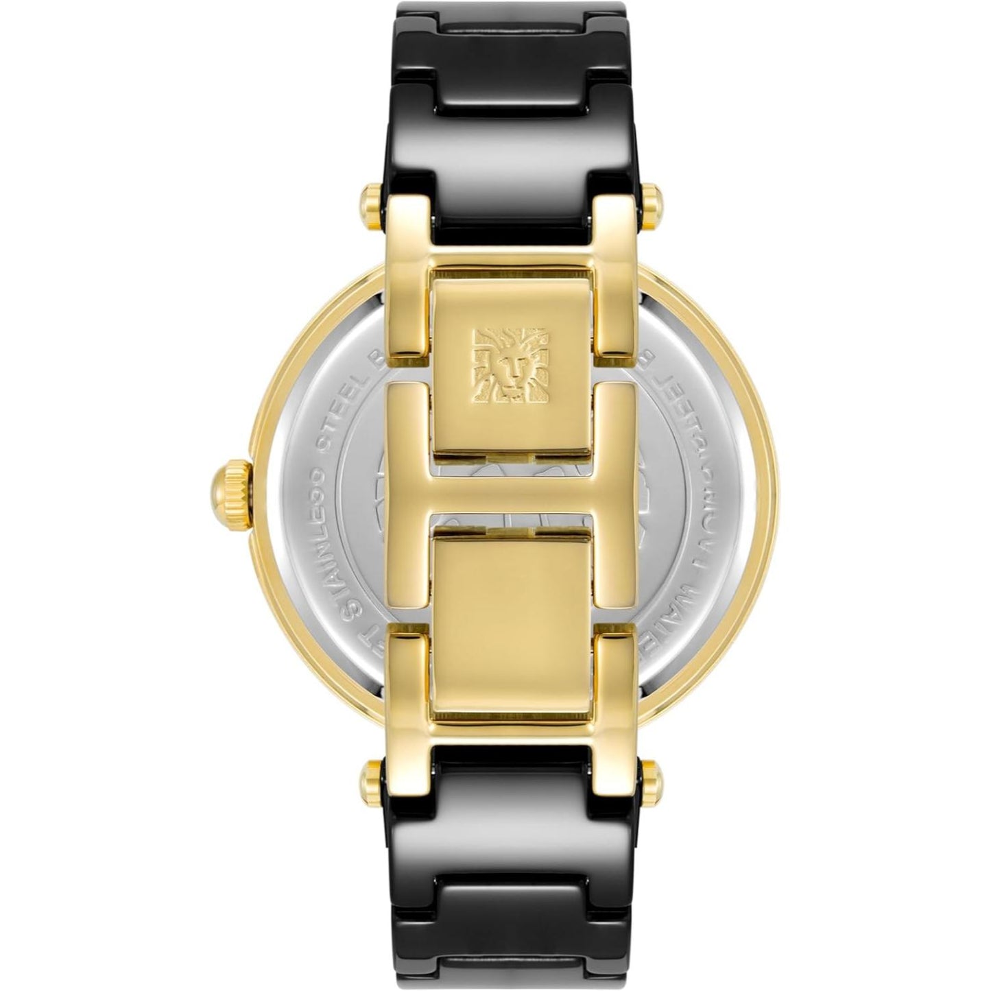 Vista trasera del brazalete negro y dorado del reloj Anne Klein AK/1018BKBK con cierre central grabado
