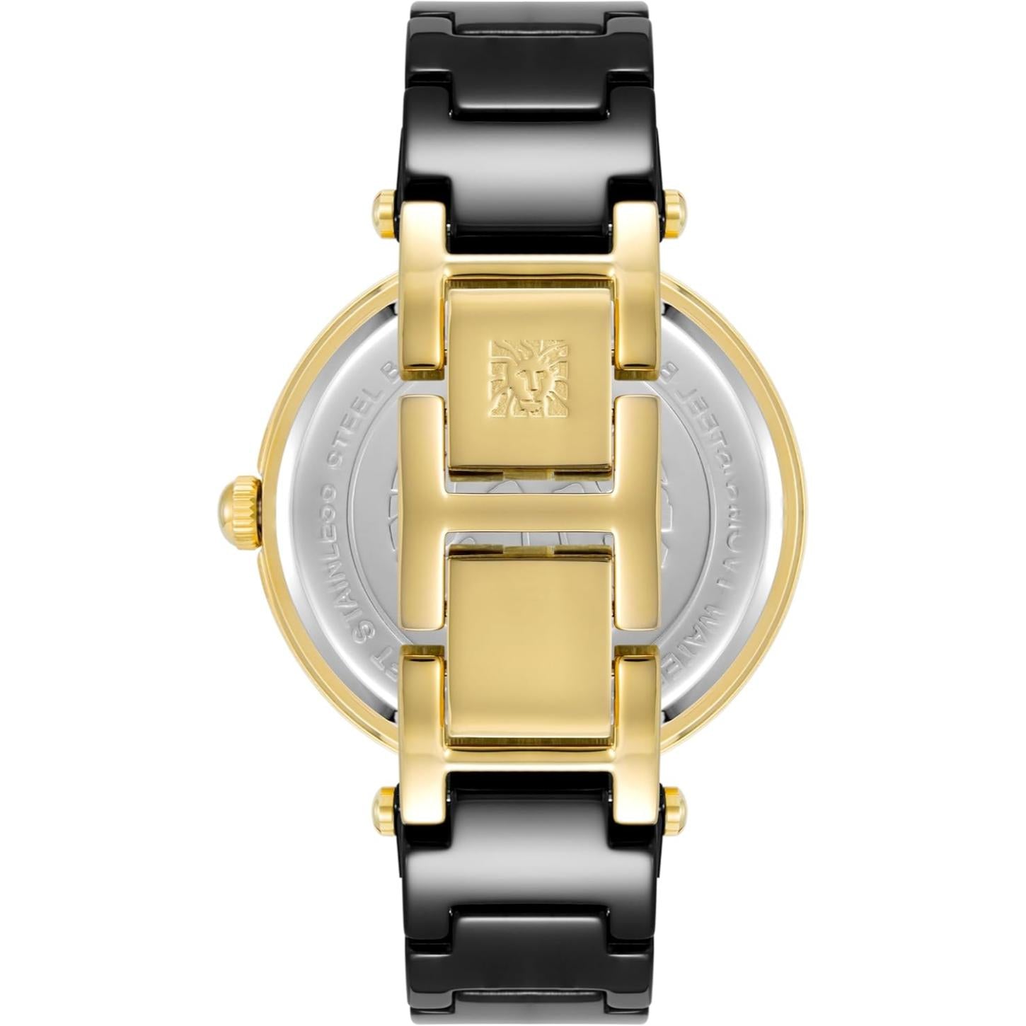 Vista trasera del brazalete negro y dorado del reloj Anne Klein AK/1018BKBK con cierre central grabado
