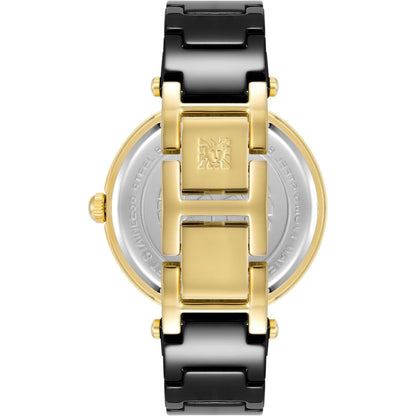 Vista trasera del brazalete negro y dorado del reloj Anne Klein AK/1018BKBK con cierre central grabado