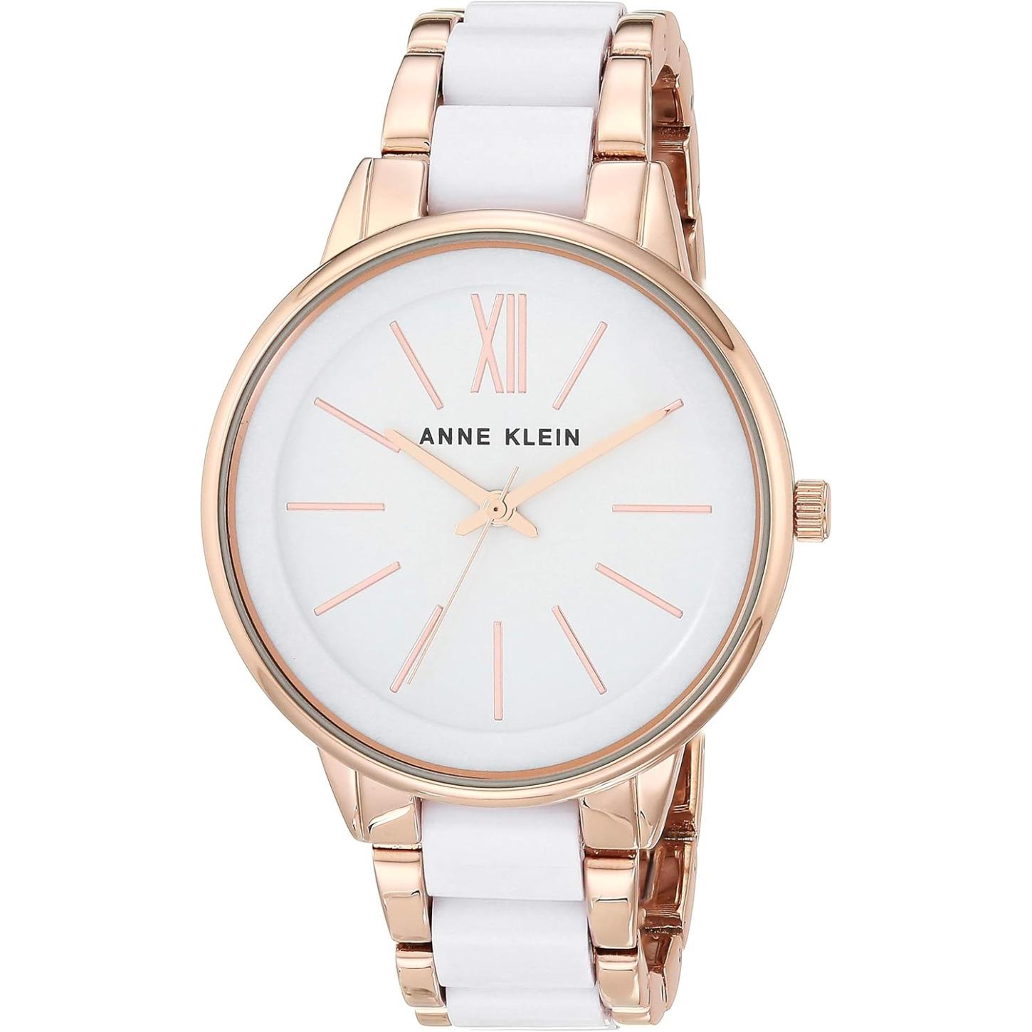 Reloj Anne Klein AK/1412WTRG vista frontal, esfera blanca y brazalete bicolor blanco y tono oro rosa