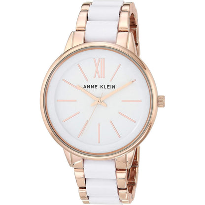 Reloj Anne Klein AK/1412WTRG vista frontal, esfera blanca y brazalete bicolor blanco y tono oro rosa
