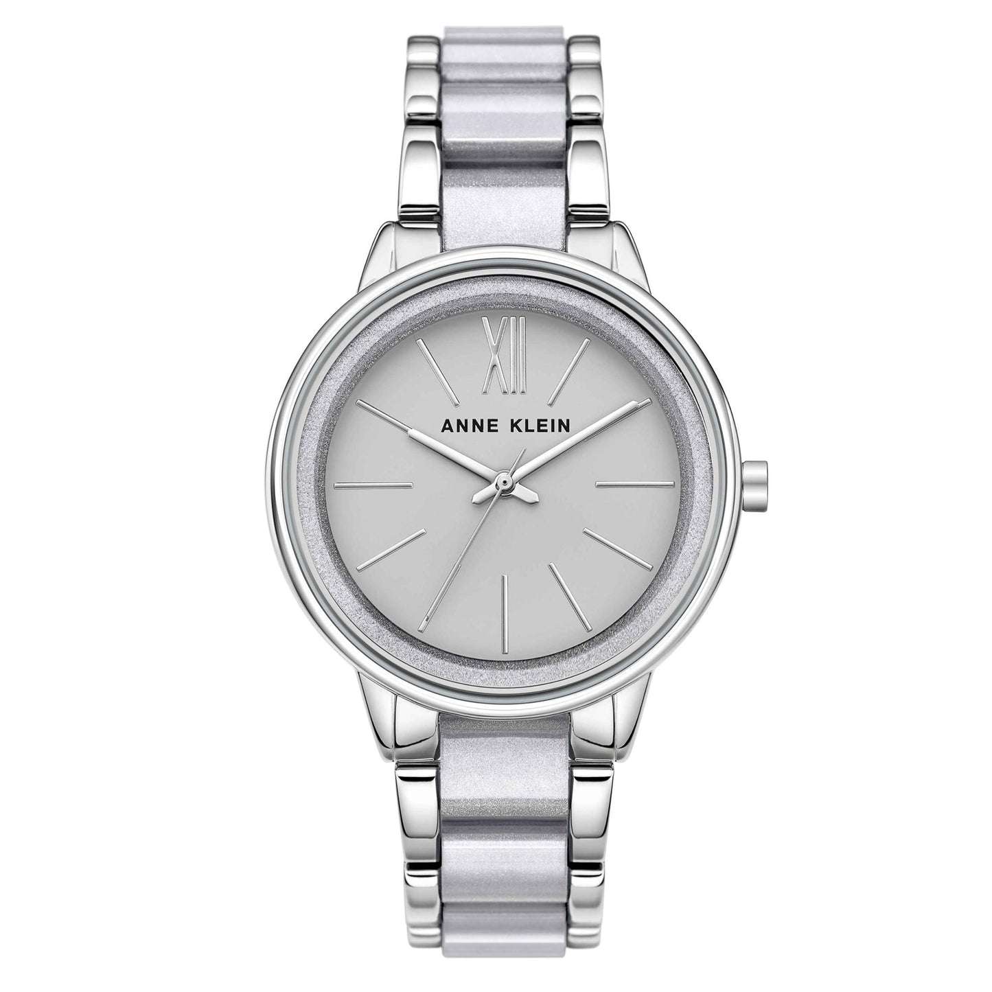 Anne Klein AK/1413LGSV with grey sunray dial, glitter bezel detail, silver-tone case, and metallic silver bracelet with polished links.