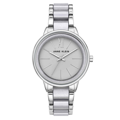Anne Klein AK/1413LGSV with grey sunray dial, glitter bezel detail, silver-tone case, and metallic silver bracelet with polished links.