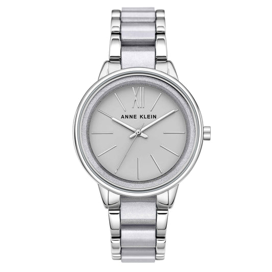 Anne Klein AK/1413LGSV with grey sunray dial, glitter bezel detail, silver-tone case, and metallic silver bracelet with polished links.