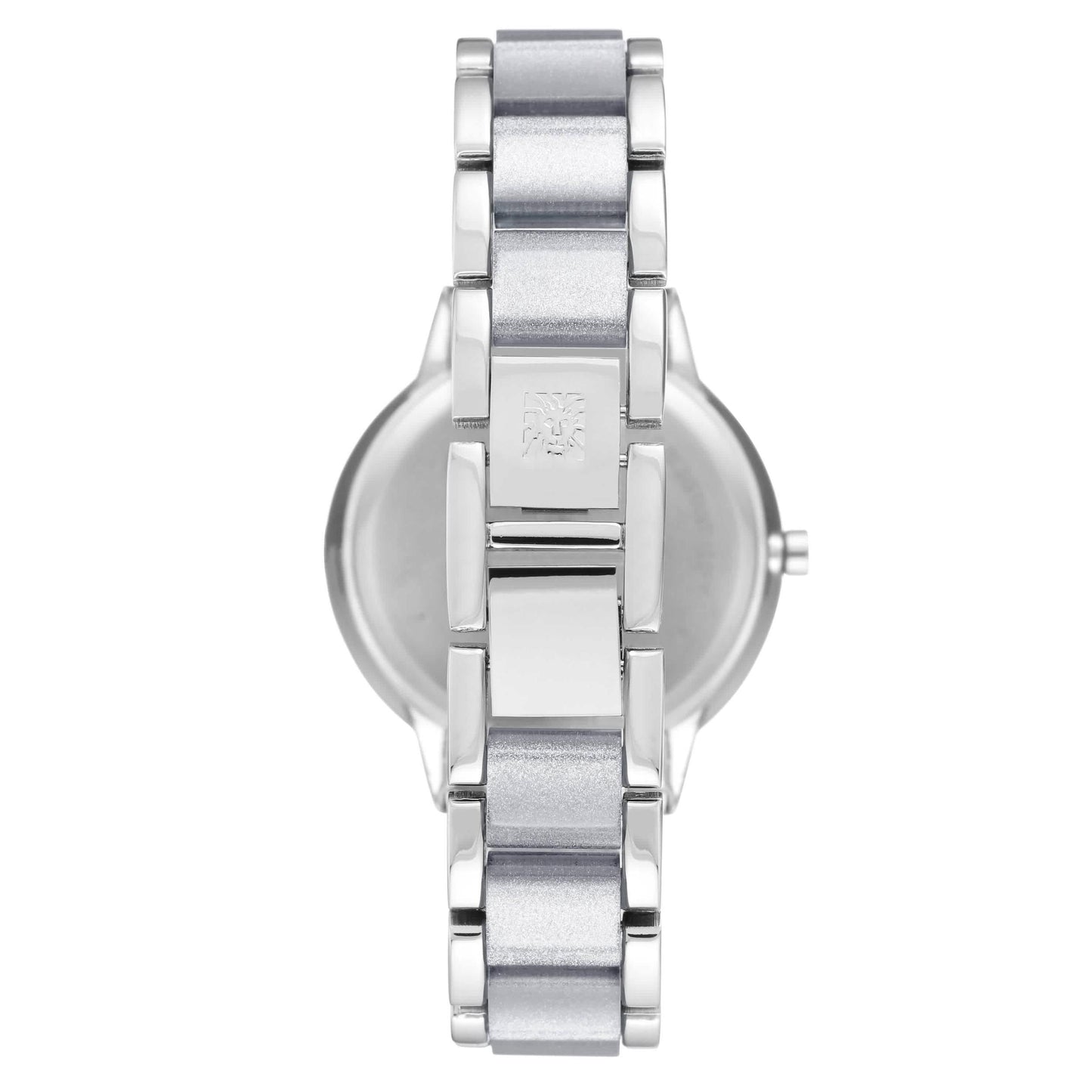 Anne Klein AK/1413LGSV with stainless steel rear case and metallic silver bracelet with jewelry-style clasp and polished links.