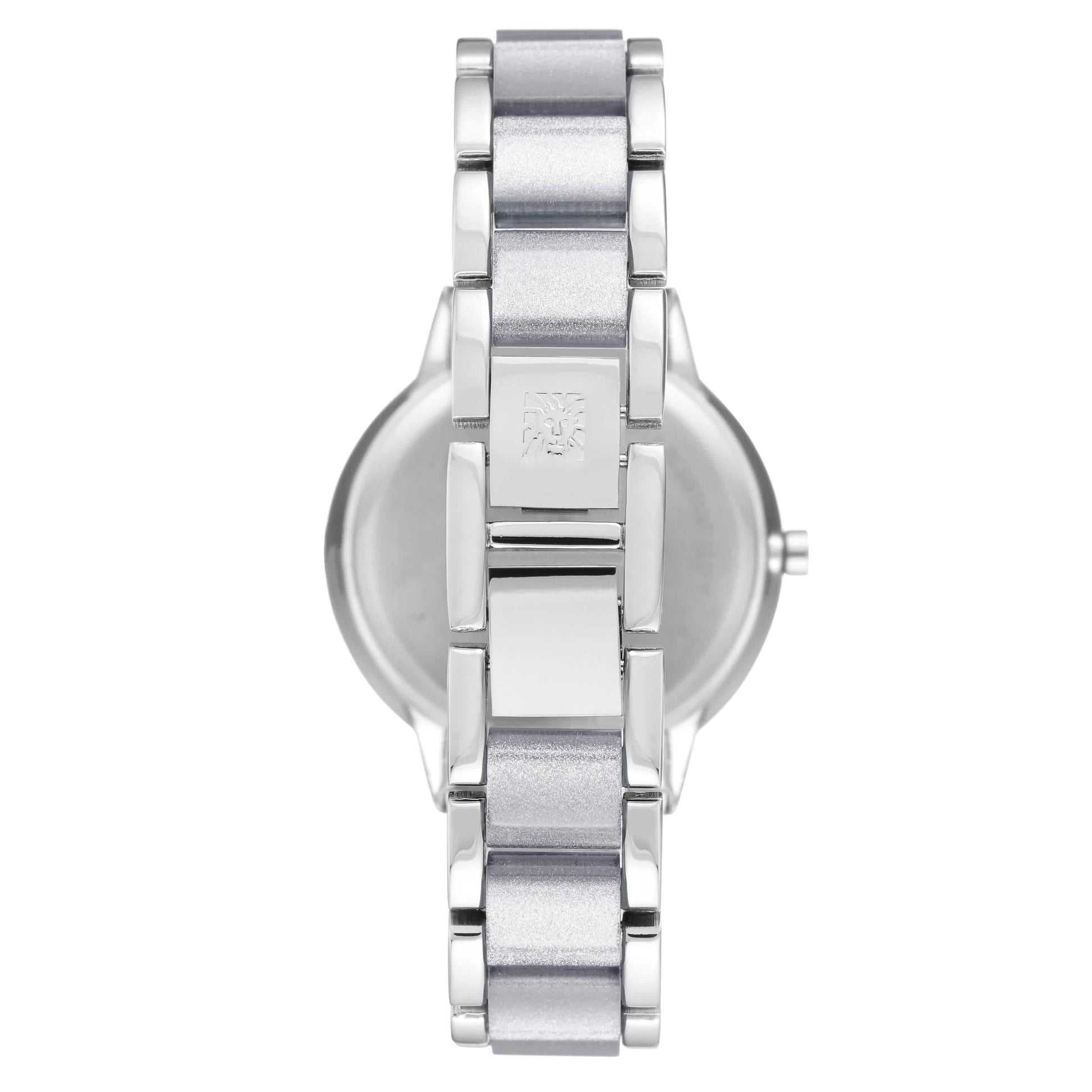 Anne Klein AK/1413LGSV with stainless steel rear case and metallic silver bracelet with jewelry-style clasp and polished links.