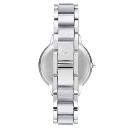 Anne Klein AK/1413LGSV with stainless steel rear case and metallic silver bracelet with jewelry-style clasp and polished links.