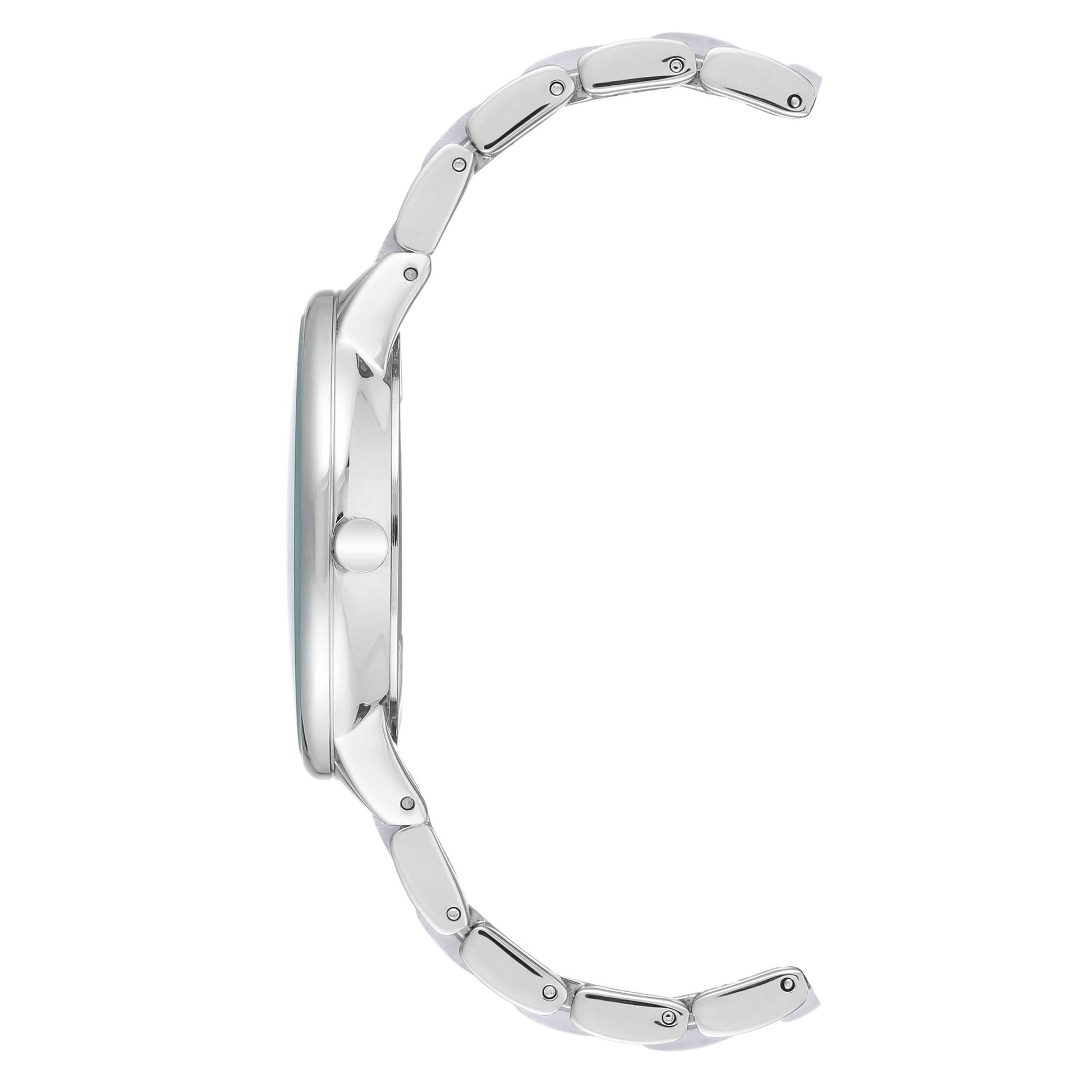 Anne Klein AK/1413LGSV with slim silver-tone case profile, polished crown, and metallic silver bracelet with tapered links.