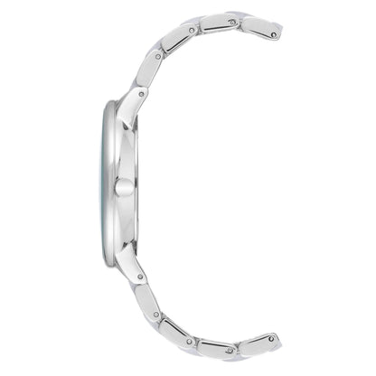 Anne Klein AK/1413LGSV with slim silver-tone case profile, polished crown, and metallic silver bracelet with tapered links.