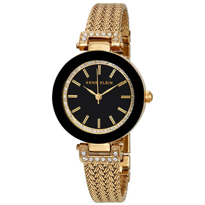 Anne Klein AK/1906BKGB with black dial, crystal-accented bezel, gold-tone case, and woven mesh bracelet with crystal details.