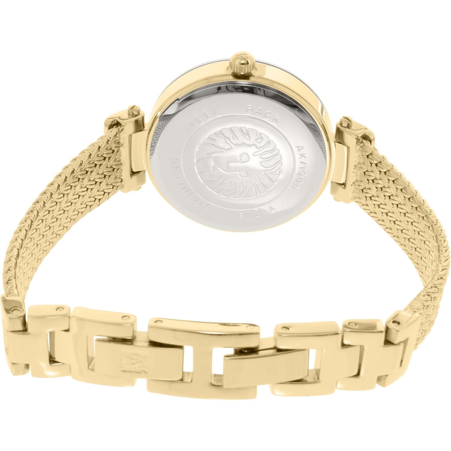 Anne Klein AK/1906BKGB with stainless steel rear case, gold-tone mesh bracelet, and open jewelry clasp with polished link details.