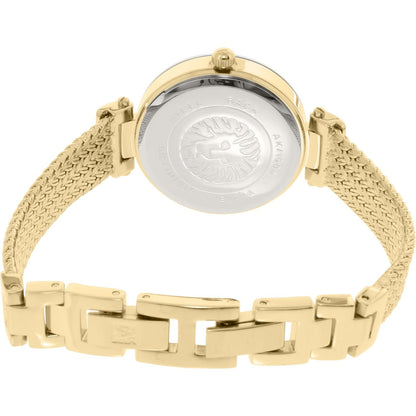 Anne Klein AK/1906BKGB with stainless steel rear case, gold-tone mesh bracelet, and open jewelry clasp with polished link details.