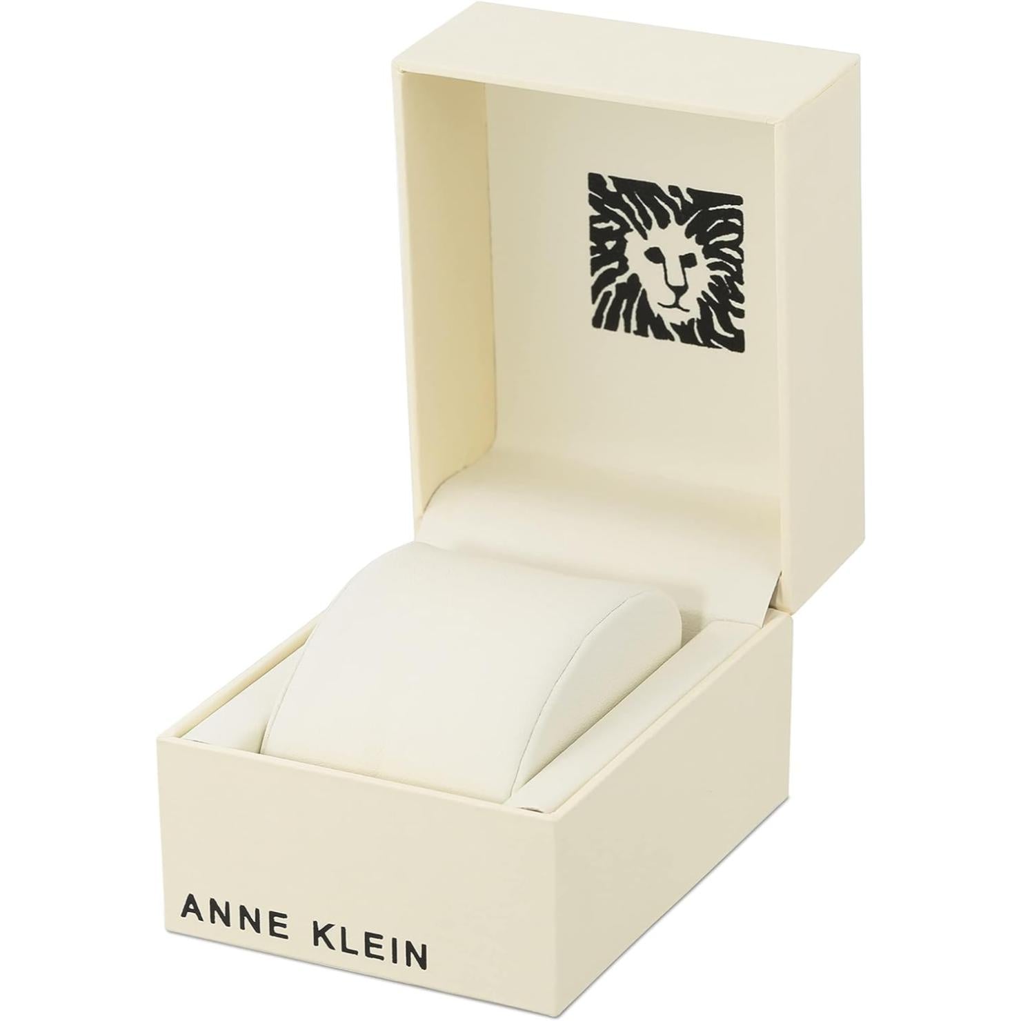 Caja original abierta Anne Klein para el reloj AK/2158GNRG, interior blanco con cojín y logotipo del león en la tapa