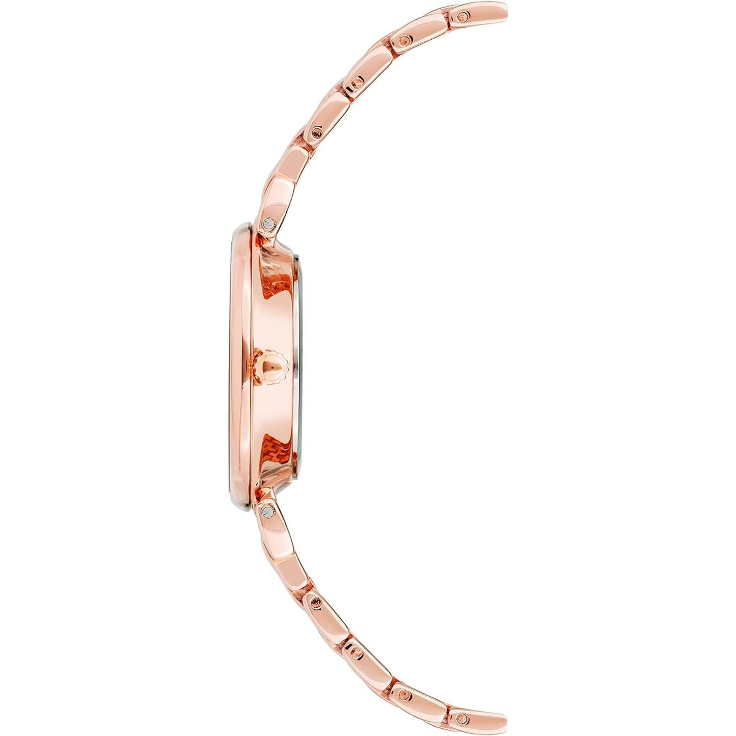 Vista lateral del reloj Anne Klein AK/2158GNRG mostrando el perfil fino de la caja y el brazalete metálico en oro rosa extendido.