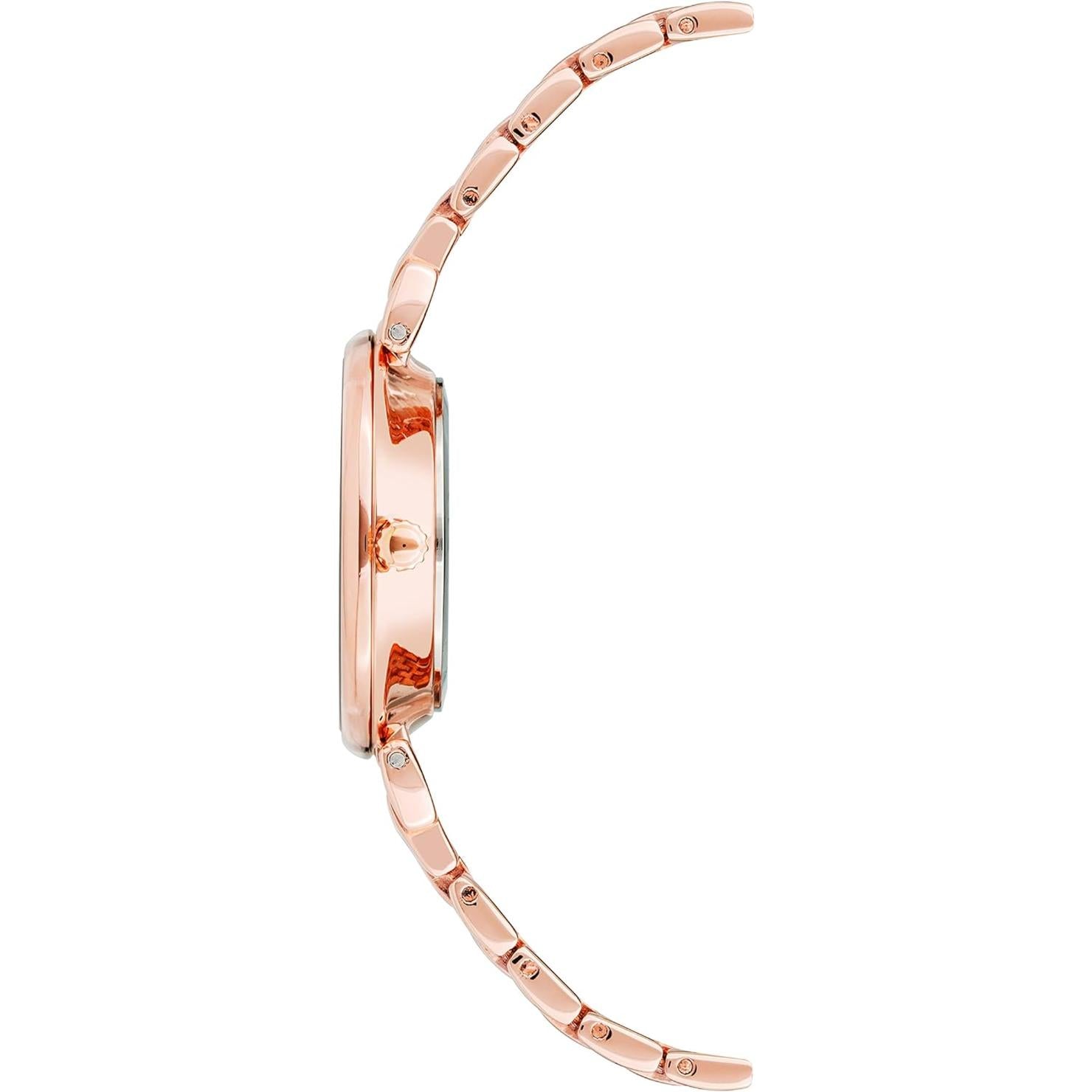 Vista lateral del reloj Anne Klein AK/2158GNRG mostrando el perfil fino de la caja y el brazalete metálico en oro rosa extendido.