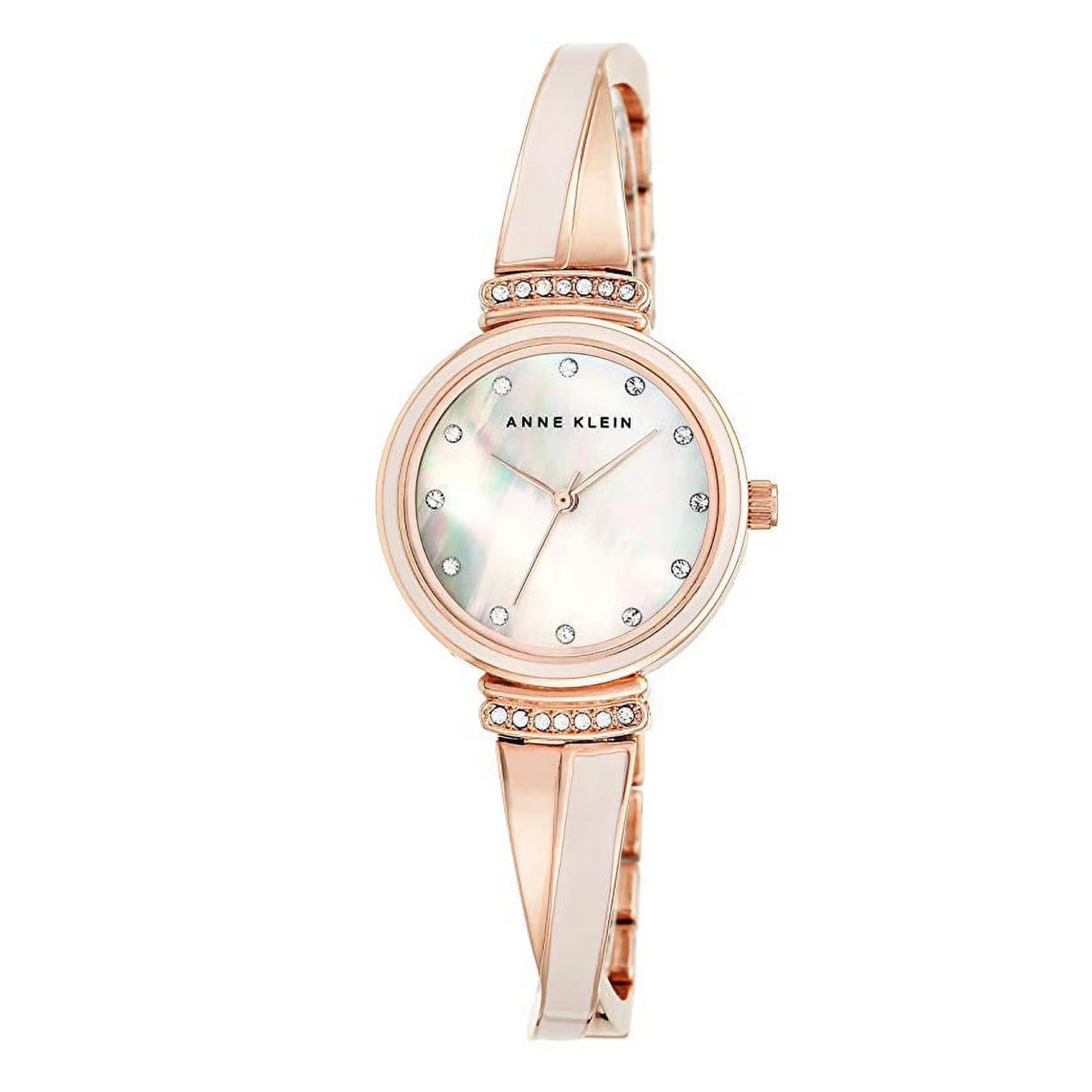 Anne Klein AK/2216BLRG with white mother-of-pearl dial, crystal hour markers, rose gold-tone case, and polished bangle bracelet with crystal accents.