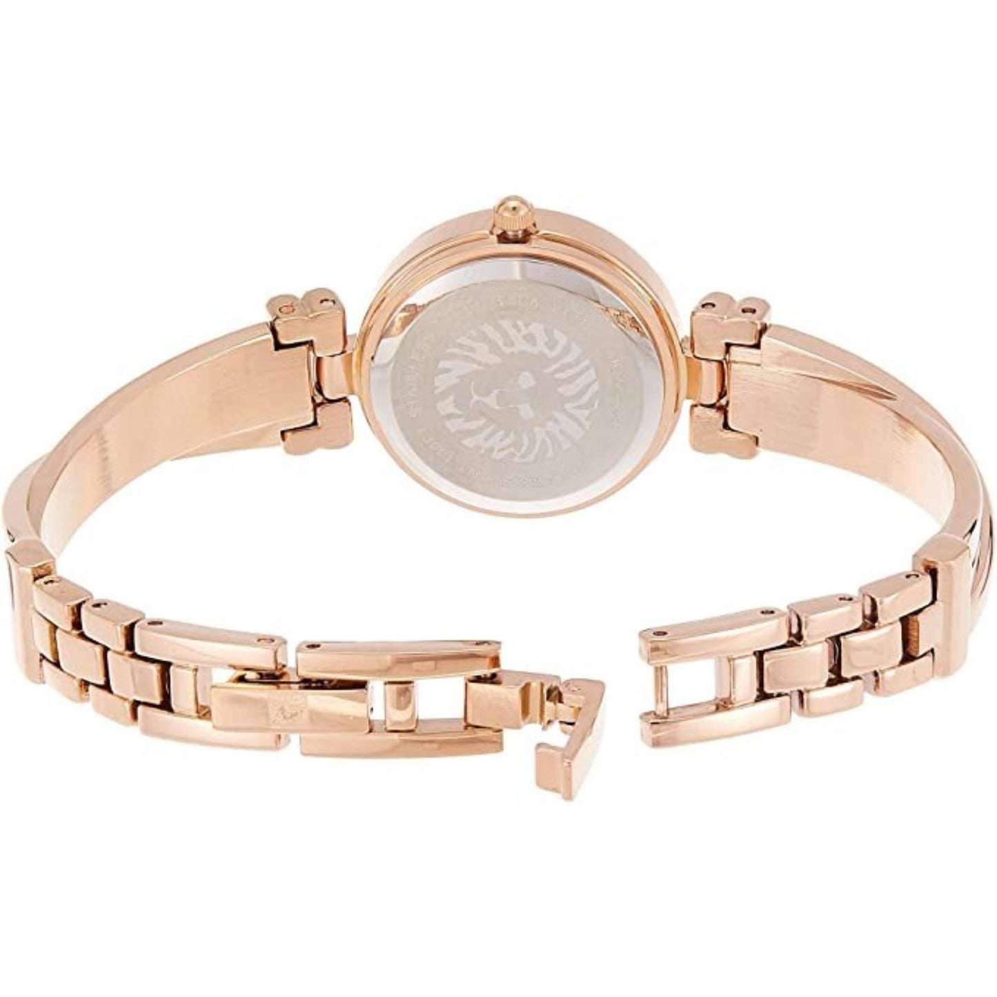 Anne Klein AK/2216BLRG with stainless steel rear case, rose gold-tone bangle bracelet, and open jewelry clasp with polished link details.