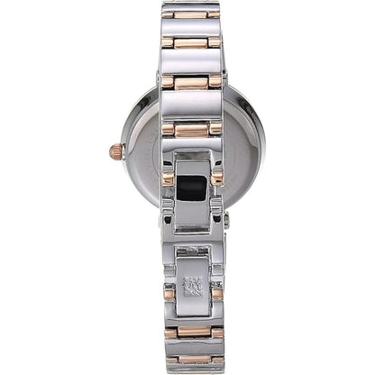 Anne Klein AK/2435NVRT with stainless steel rear case, rose gold-tone crown, and two-tone bracelet with open jewelry clasp.