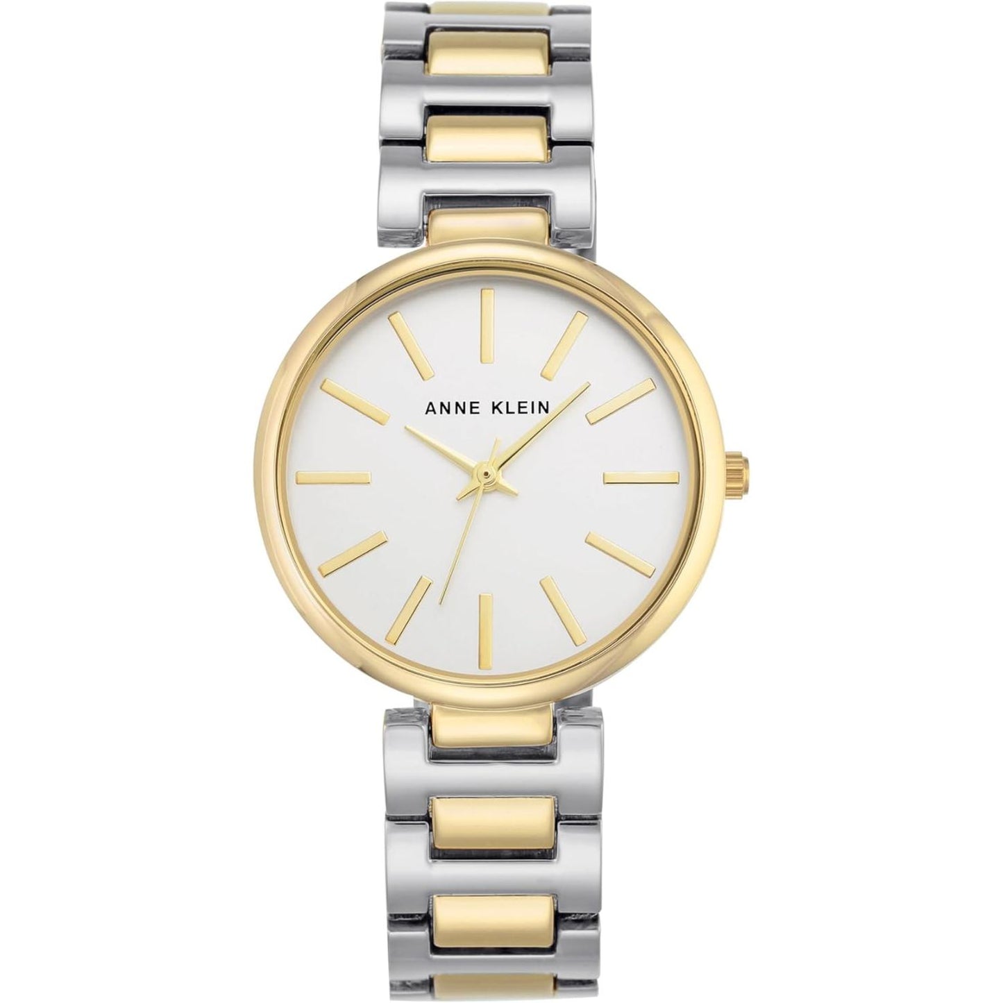 Reloj Anne Klein AK/2787SVTT vista frontal, esfera blanca y brazalete bicolor plata y dorado con índices lineales