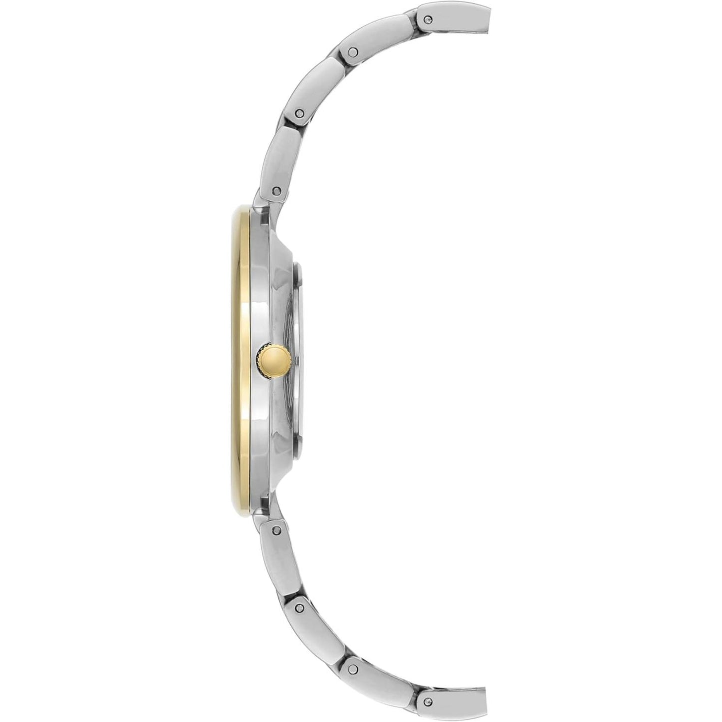 Vista lateral del reloj Anne Klein AK/2787SVTT, perfil de caja bicolor plata y oro con brazalete metálico abierto.