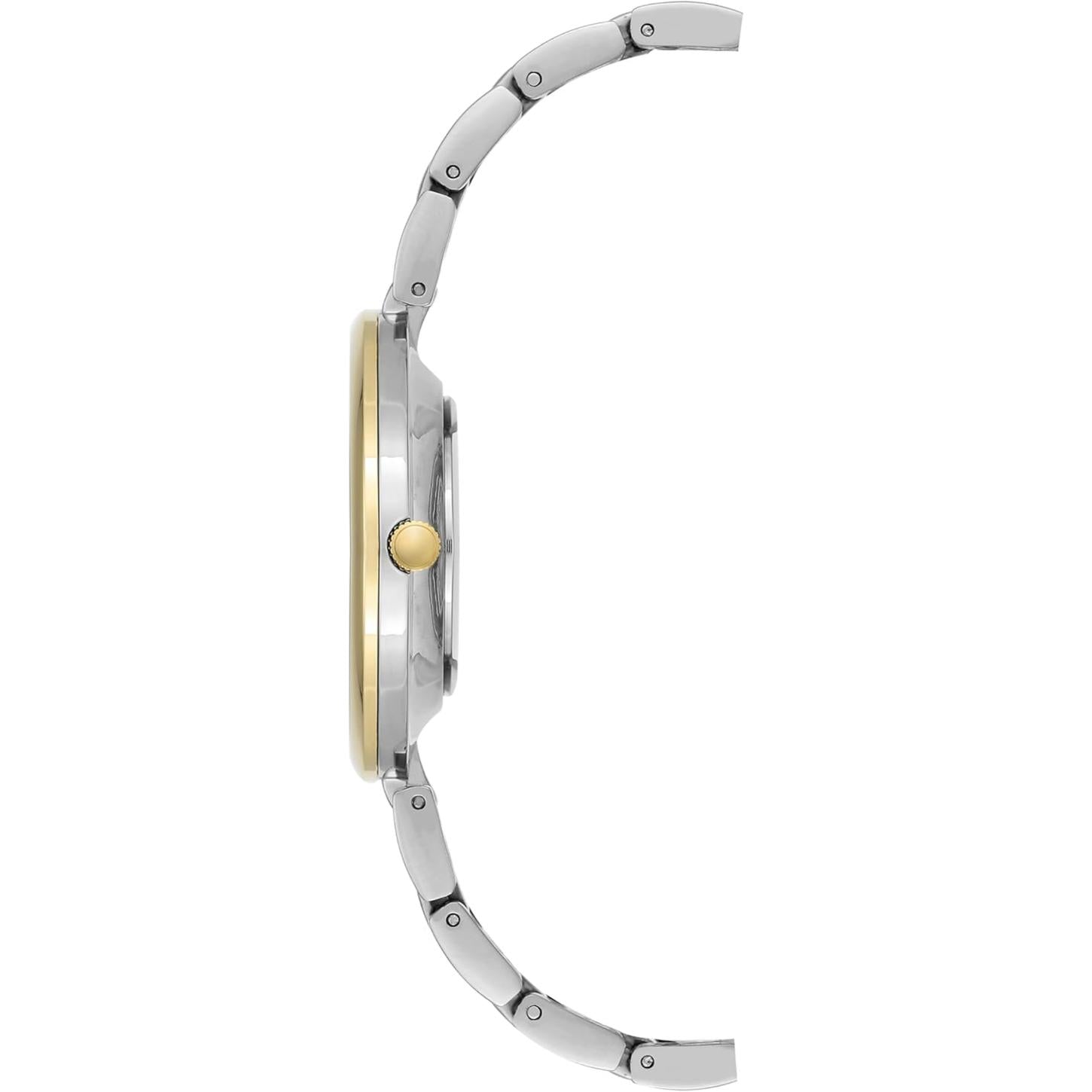 Vista lateral del reloj Anne Klein AK/2787SVTT, perfil de caja bicolor plata y oro con brazalete metálico abierto.