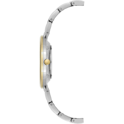 Vista lateral del reloj Anne Klein AK/2787SVTT, perfil de caja bicolor plata y oro con brazalete metálico abierto.