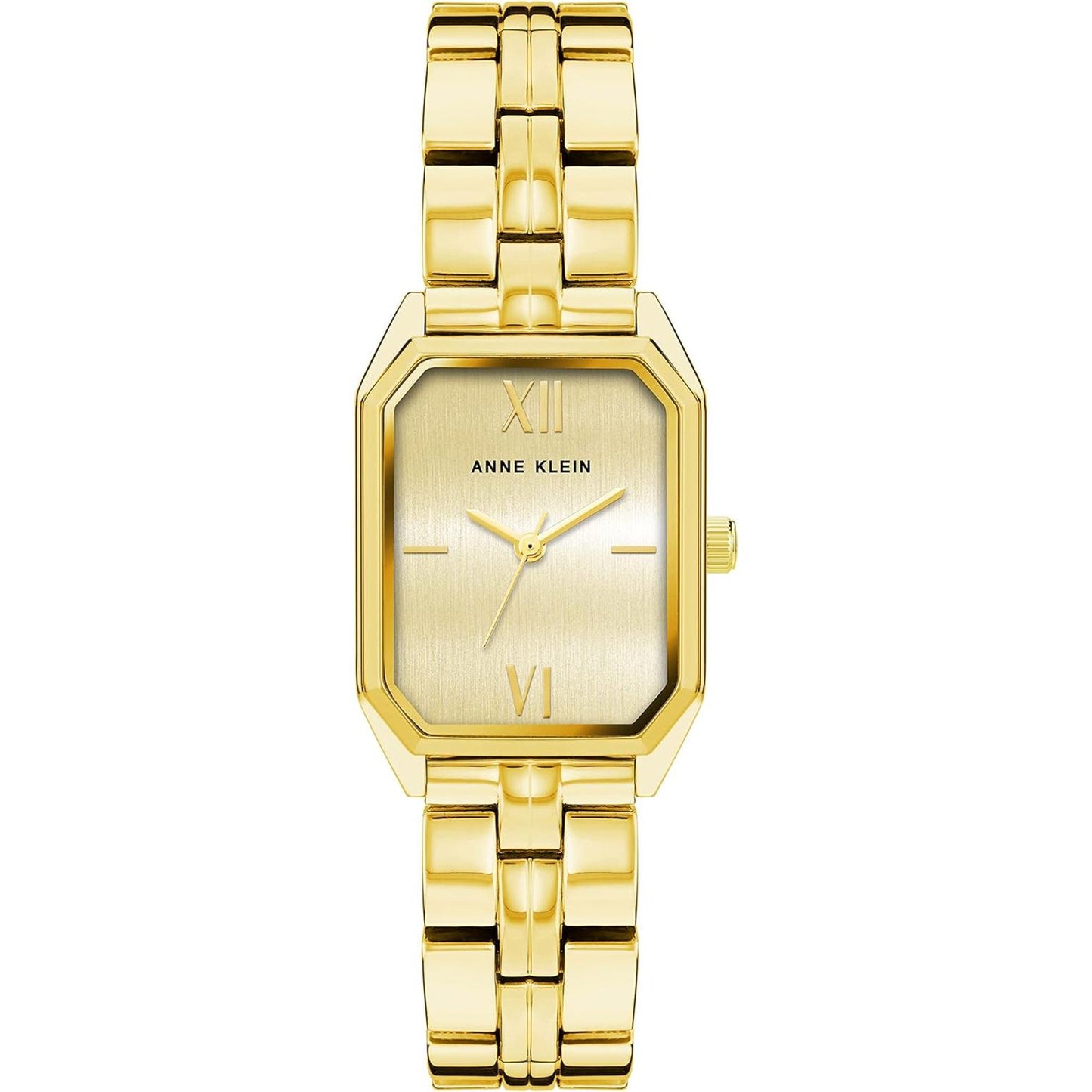 Reloj Anne Klein AK/3774CHGB vista frontal, caja rectangular dorada y brazalete metálico a juego.