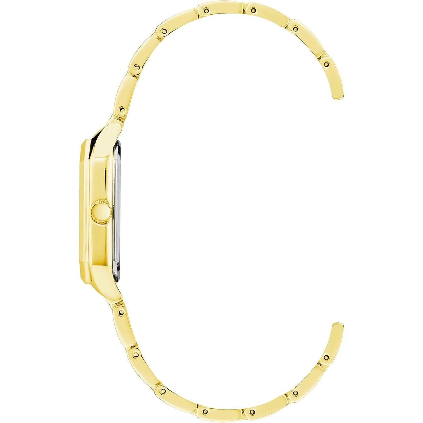 Vista lateral del reloj Anne Klein AK/3774CHGB, perfil de caja rectangular dorada y brazalete fino abierto.