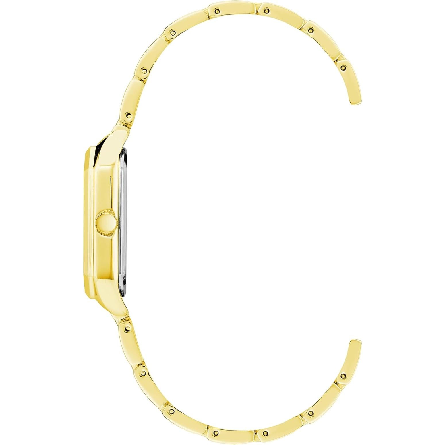 Vista lateral del reloj Anne Klein AK/3774CHGB, perfil de caja rectangular dorada y brazalete fino abierto.