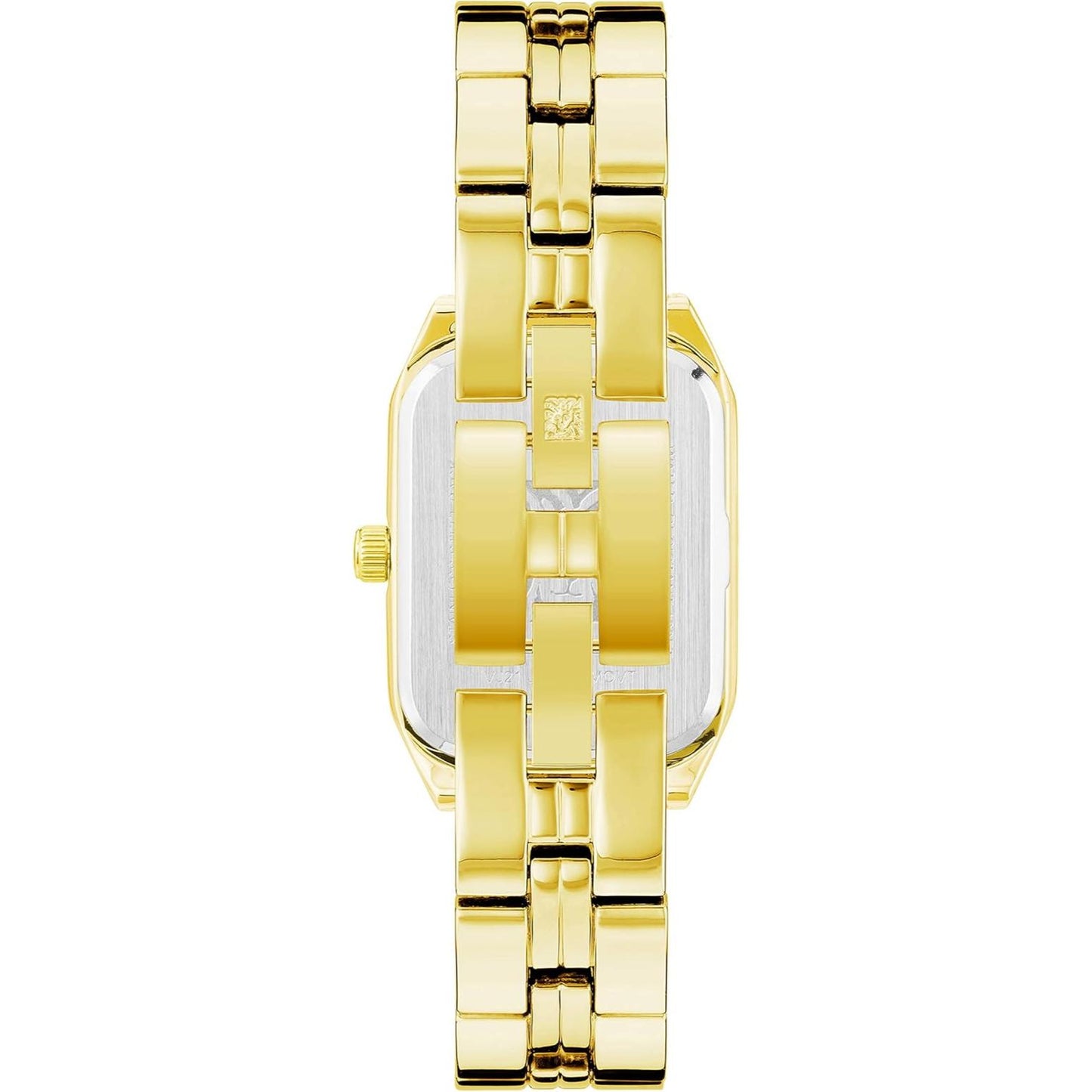 Vista trasera del brazalete dorado del reloj Anne Klein AK/3774CHGB, caja rectangular y corona lateral.